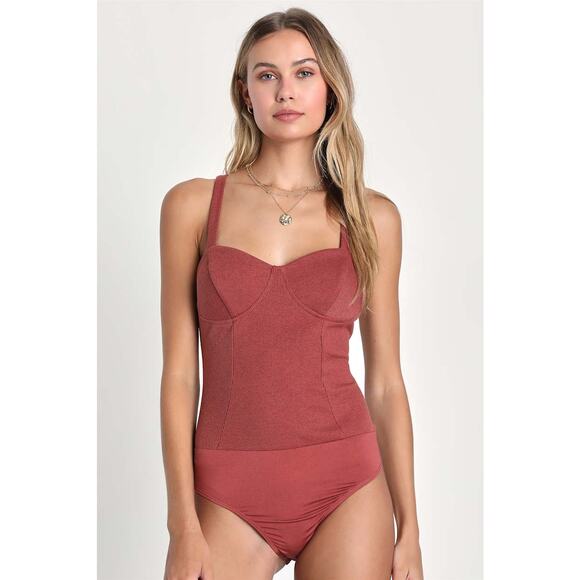 Lulus Bodysuit Medium Dusty Rose Pink Ribbed One Piece Cross Back Sleeveless - Picture 3 of 16